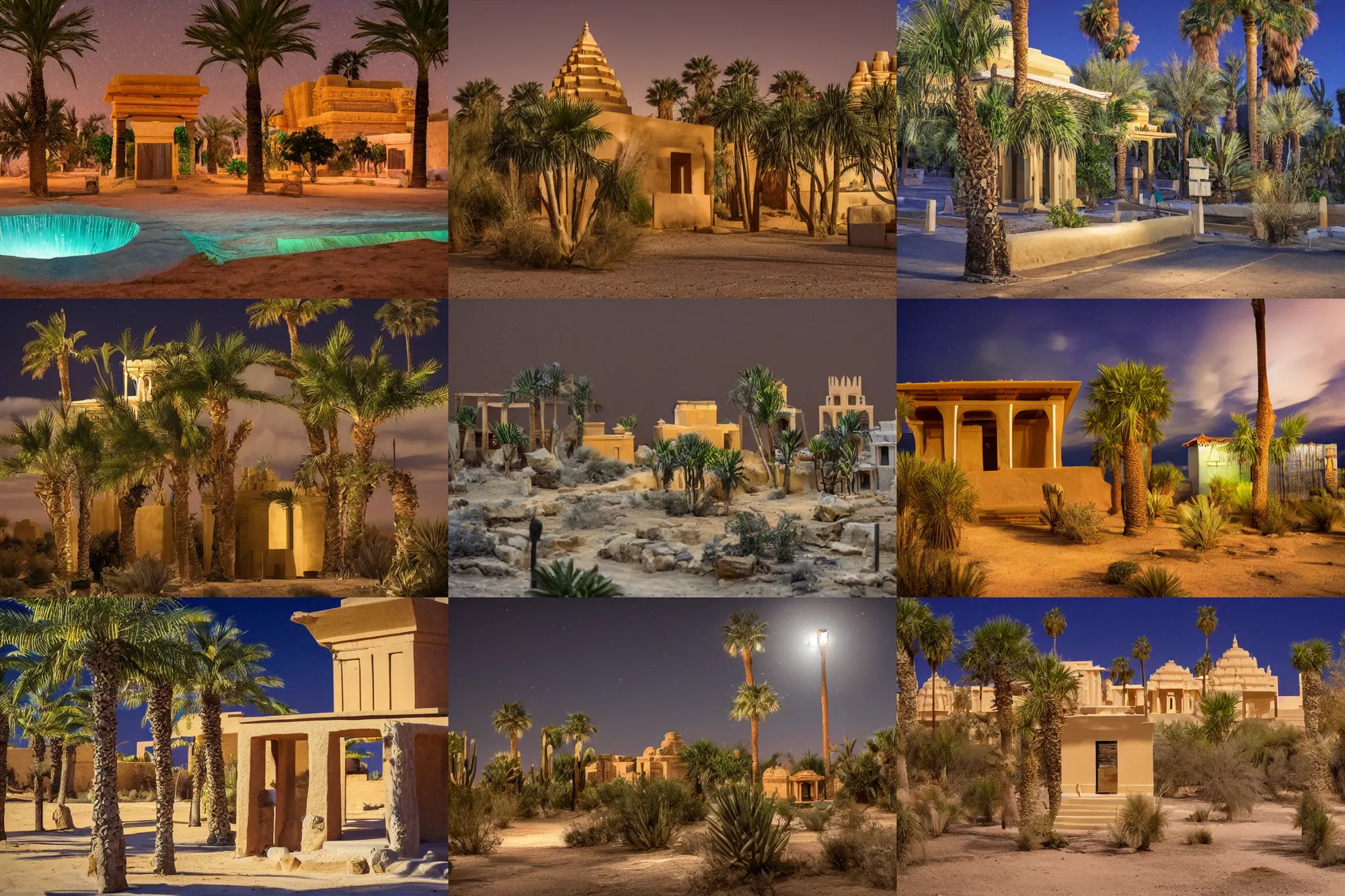 Prompt: Desert City, Small houses, large temples, a small oasis, a small palm trees; night; Distal art