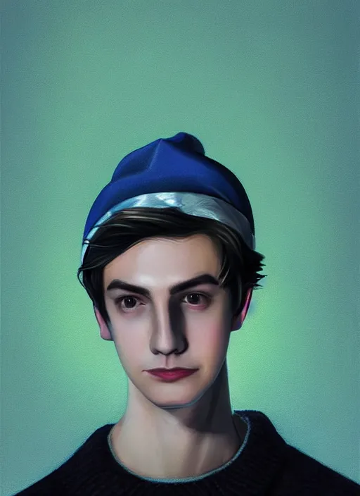 Image similar to portrait of teenage jughead jones wearing a light grey crown, crown, blue turtleneck, 1 9 5 0 s, closed eyes, photorealistic, black hair, glowing lighting, intricate, elegant, glowing lights, highly detailed, digital painting, artstation, concept art, smooth, sharp focus, illustration, art by wlop, mars ravelo and greg rutkowski