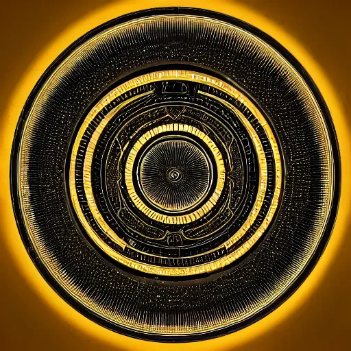 Image similar to intricate and detailed arcane symbol, circular, symmetrical, golden hues, black background, artstation, 4 k