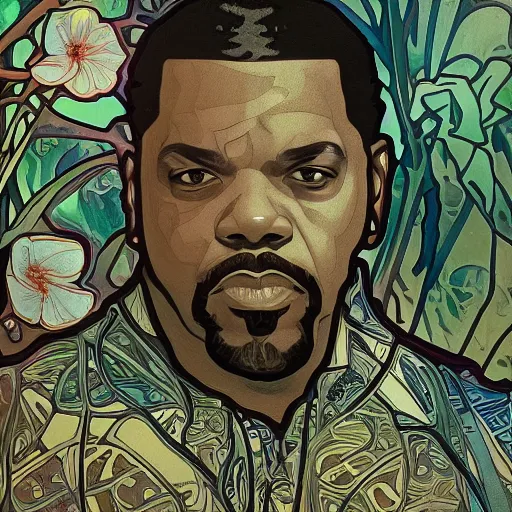 Prompt: ice - t, water, glass, ice cube, by alfons mucha, golden hour, realistic, body shot, sharp focus, 8 k high definition, insanely detailed, intricate, elegant, cherry blossoms