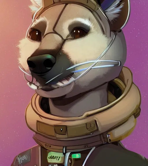 Image similar to digital detailed art of furry female hyena, in style of zootopia, fursona, furry, furaffinity, deviantart, wearing astronaut outfit, floating in space, space background, cyberpunk, detailed face, style of artgerm,