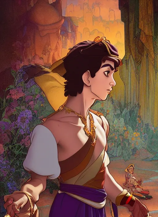 Prompt: skinny young tom holland as prince ali ababwa, cinematic lighting, path traced, highly detailed, high quality, beautiful digital painting, by don bluth and ross tran and studio ghibli and alphonse mucha, artgerm