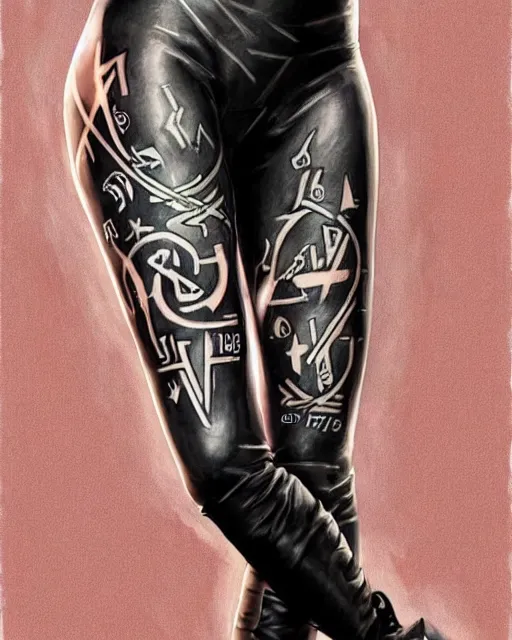 Image similar to Perfect leggings pattern imitating tattooes, focus on the pants and boots with graved runes, close-up on legs, highly detailed, digital painting, artstation, concept art, smooth, sharp focus, illustration, art by Artgerm and Hajime Sorayama