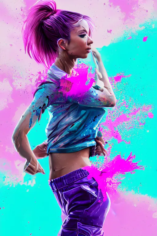 Image similar to a award winning half body porttrait of a beautiful woman in a croptop and cargo pants with ombre purple pink teal hairstyle with head in motion and hair flying, paint splashes, splatter, outrun, vaporware, shaded flat illustration, digital art, trending on artstation, highly detailed, fine detail, intricate