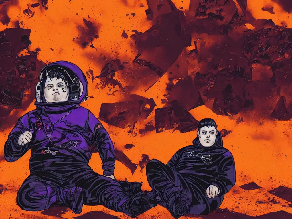 Prompt: portrait of an overweight depressed teenager with emo haircut wearing gothy purple and black spandex suit, sitting next to smashed burning spacecraft wreckage, on the orange surface of mars, highly detailed, dramatic lighting, photorealistic, cinematic