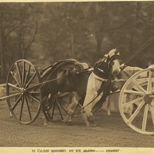 Image similar to a horse pulling a canon. the canon is harnessed to the horse and towed