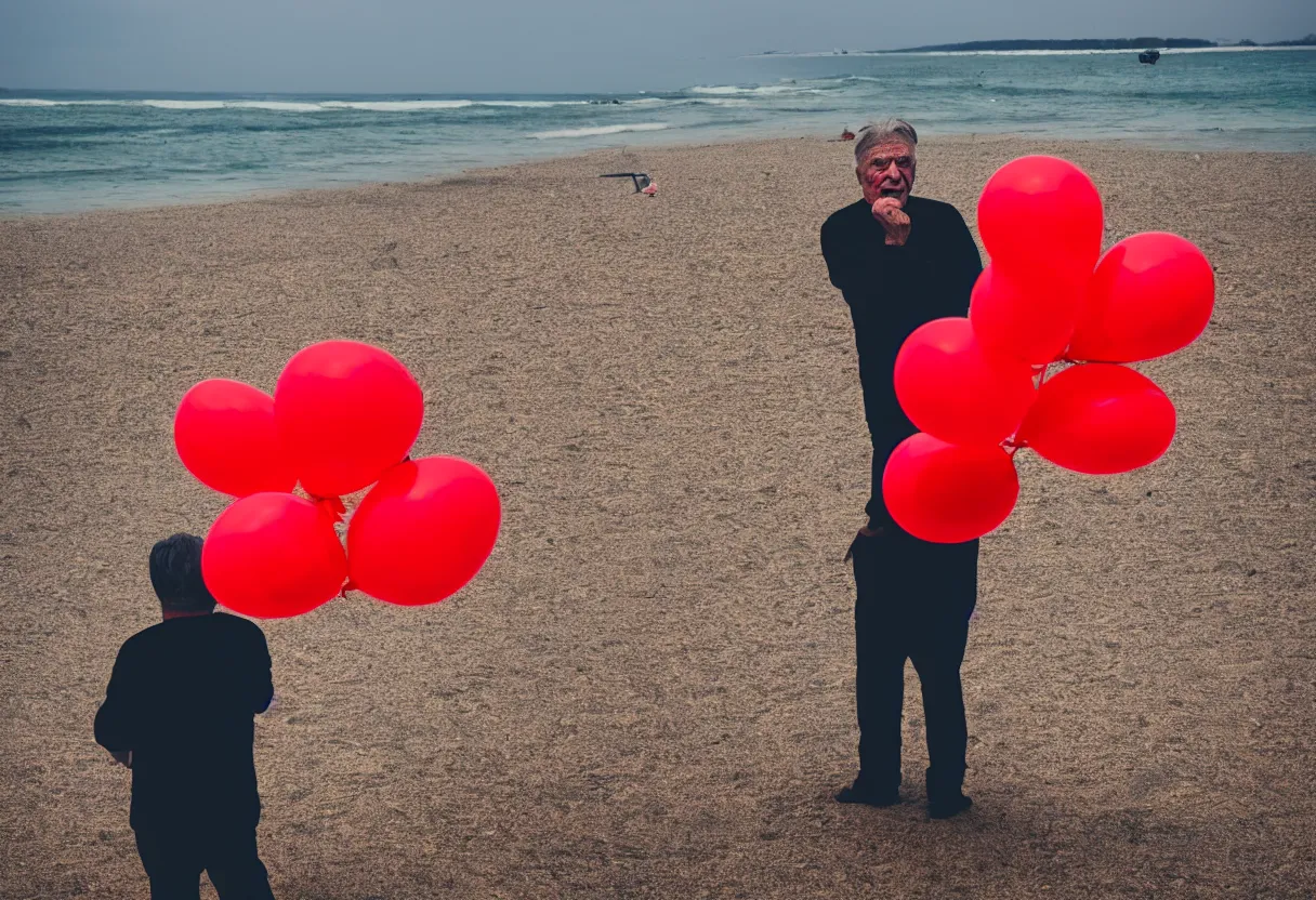 Image similar to a photo of old man on the beach holding red balloons., sharp focus, ground level view