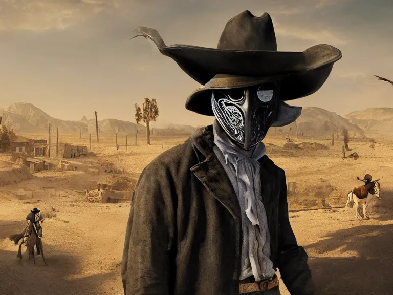 Prompt: plague doctor cowboy standing near a western town in the desert, wearing ragged cool clothes, dynamic lighting, fantasy photorealistic concept art, cinematic, dusty