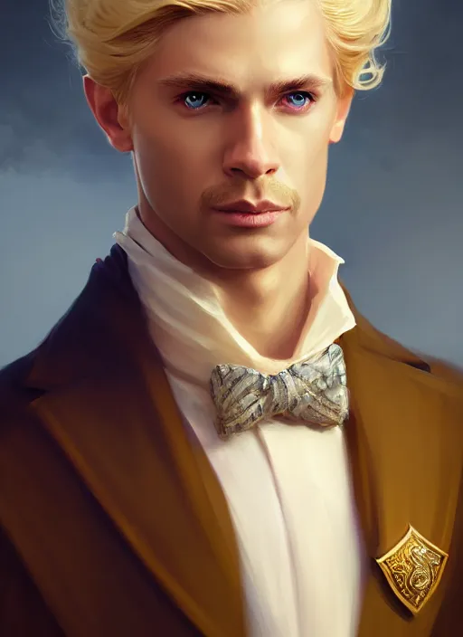 Prompt: Portrait of man of royalty, D&D fantasy, his hair is blonde, he has a distinguished expression, and is wearing a official garment. Intricate, highly detailed, digital painting, artstation, concept art, sharp focus, illustration, art by greg rutkowski and Ross Tran