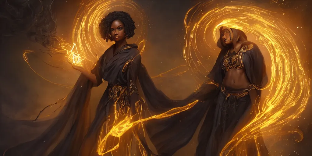 Prompt: gorgeous black woman as a spellcaster mage, singular figure, dynamic pose full body, hands casting a golden fireball spell, extremely intricate flowing robes, obsidian and golden cloak and hood, Octane render, rule of thirds, golden ratio, 8k VFX, Peter Mohrbacher