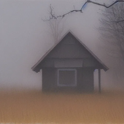 Image similar to painting of a small wood house, foggy night scene, todd hido
