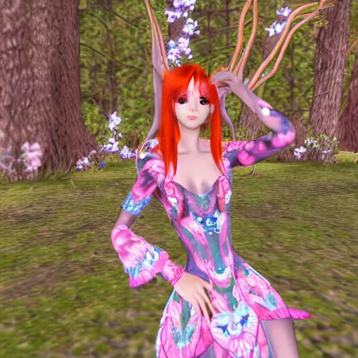 Prompt: cute female forest spirit wearing ornate floral cybernetic hungarian valentino resort dress in a 3 d psx ps 2 jrpg style, esoteric magical alien meadow ritual environment, fashion gameplay screenshot, highly detailed, atelier, xenogears