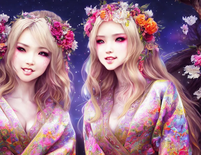 Image similar to two beautiful alluring siberian girls wear fantasy kimono in festival | | sunny night, full moon, dreamlike art, realistic shaded, smile, good looking, hyper details, 4 k realistic, cryengine, realistic shaded lighting poster by artgerm, ross tran, fuji choko, 8 k resolution, trending on artstation, luxury