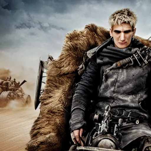 Image similar to xqc as a warlord in mad max fury road, 4k, high detail, high-resolution photograph, professional photography, ultra-detail