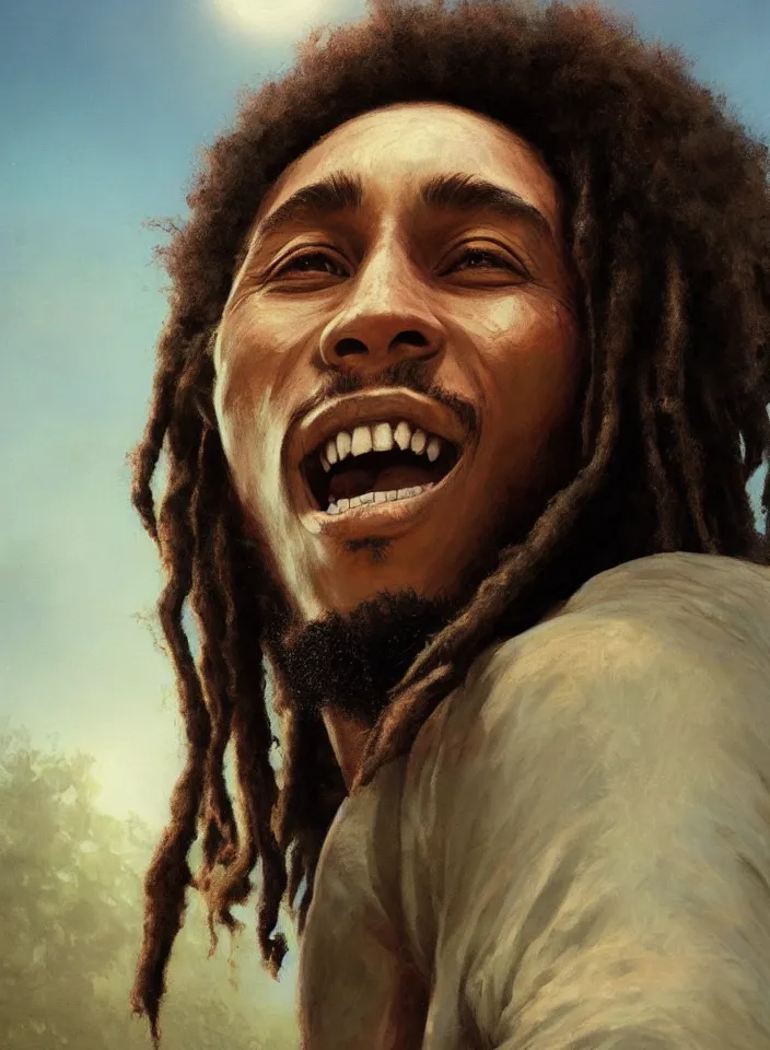 Image similar to closeup portrait of a young bob marley, serene light, gorgeous view, depth, high detail, digital art, painted by greg rutkowski and seb mckinnon, by tim burton, trending on artstation