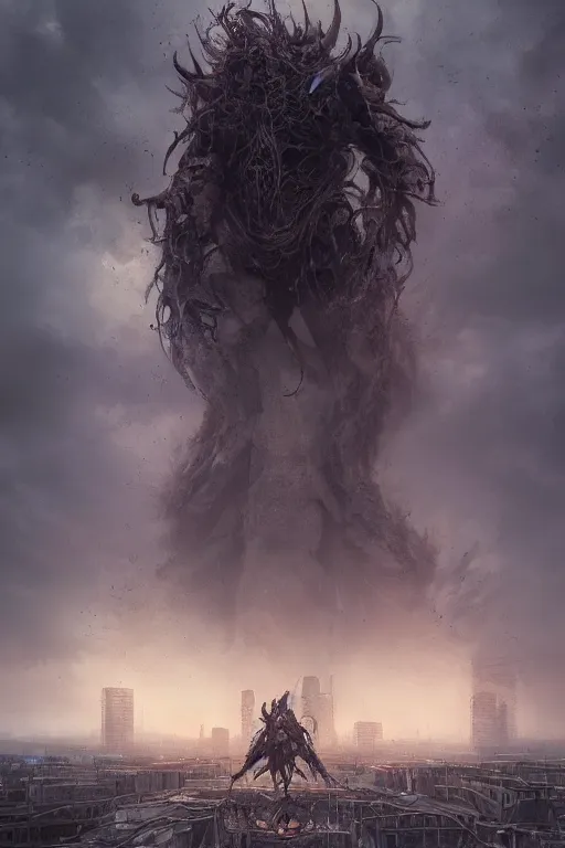 Image similar to a beautiful portrait of a giant michanical beast in an apocalyptic city by Greg Rutkowski, Sung Choi, Mitchell Mohrhauser, Maciej Kuciara, Johnson Ting, Maxim Verehin, Peter Konig, final fantasy, Marco lense , 8k photorealistic, cinematic lighting, HD, high details, atmospheric , trending on artstation