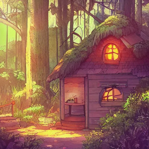 Prompt: a cozy cottage in an overgrown forest, anime, cartoon, studio Ghibli style, golden hour