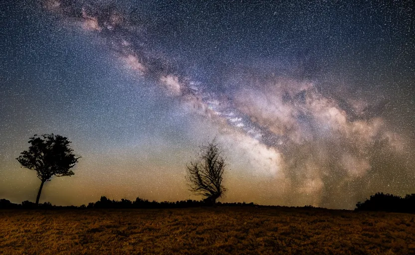 Image similar to night photography of the milky way with a tree in foreground, highly detailed, photorealistic