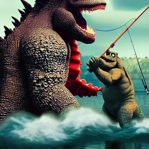 Image similar to Godzilla and Donkey Kong on a fishing trip, hyper realistic, HD, HQ, photo realistic