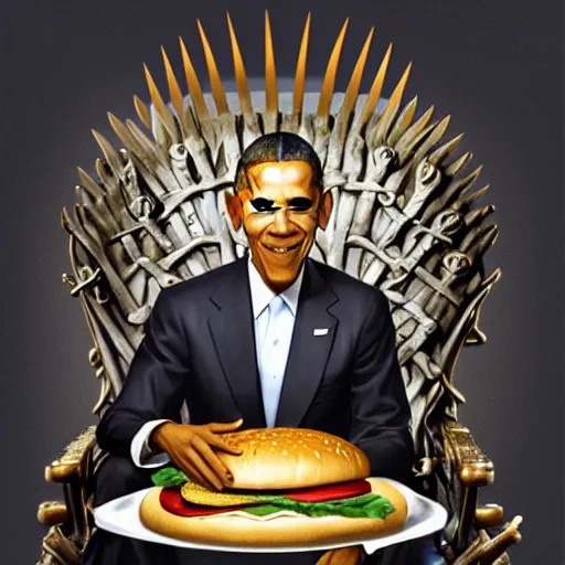 Image similar to barrack obama eating a cheese burger sitting on the iron throne, highly detailed, digital painting, artstation, concept art, global illumination, ray tracing smooth, sharp focus, illustration, art by artgerm and greg rutkowski and makoto shinkai, jeremy lipkin