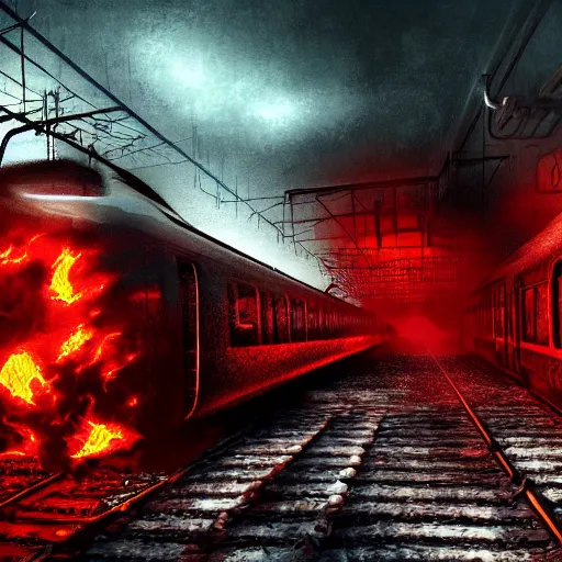 Image similar to A train in hell, digital art, dark, scary, detailed, trending on Artstation, hdr, 4k, hellish, satanic, cyberpunk, sci fi