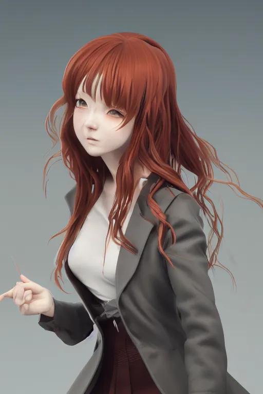 Prompt: Very complcated dynamic composition, realistic anime style at Pixiv, Zbrush sculpt colored, Octane render in Maya and Houdini VFX, young redhead girl in motion, wearing jacket and skirt, silky hair, black stunning deep eyes. By ilya kuvshinov, krenz cushart, Greg Rutkowski, trending on artstation. Amazing textured brush strokes. Cinematic dramatic soft volumetric studio lighting