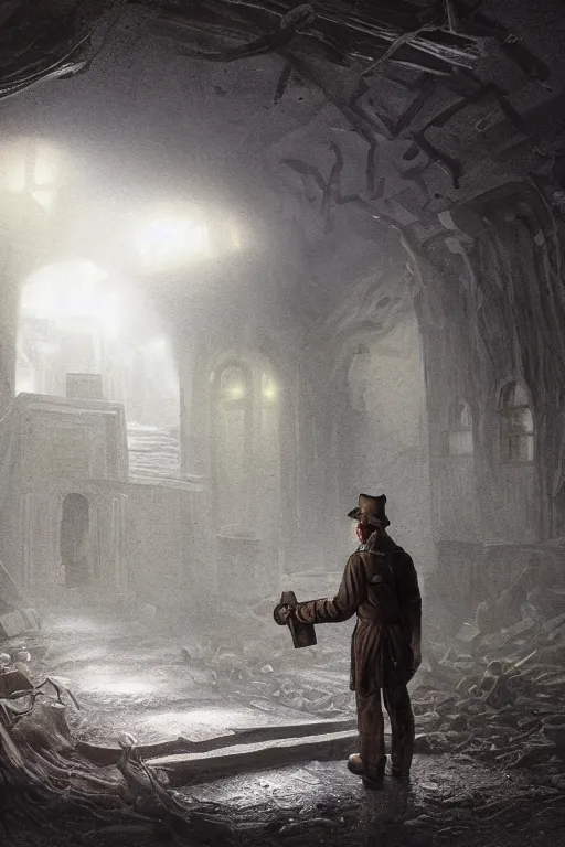 Prompt: matte painting of an explorer with a torch standing in a dark room with old rotting wood facility and treasure chests in a wet underground dungeon in lovecraft style