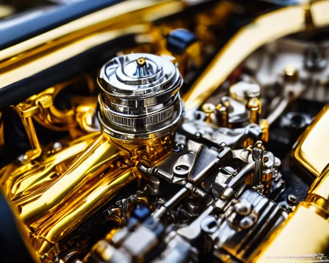 Image similar to 5 0 mm photography of a holy golden car engine mechanism. highly immaculate detailed 8 k. intricate. lifelike. nikon d 8 5 0. tiltshit. motion blur. dof