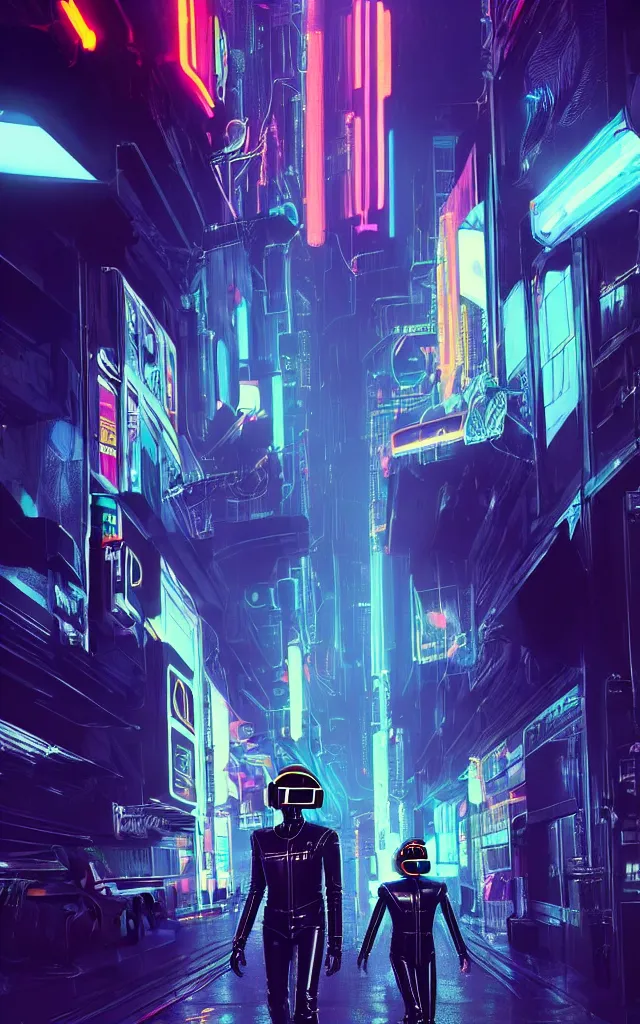Image similar to concept art of daft punk at a magnificent dark neon futuristic cyberpunk city bustling street at night cyberart by liam wong in the film akira rendered in octane, 3 d render, trending on cgsociety, blender 3 d