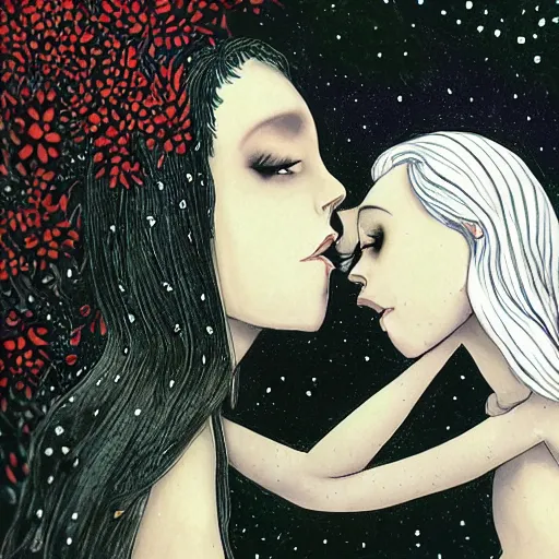 Prompt: blond butch tomboy woman, side by side, taller goth black - haired dark fae woman, in love, romantic in romantic garden at night, mike mignogna, illustration, pen and ink, oil painting, highly detailed, sci fi, dreamy and romantic