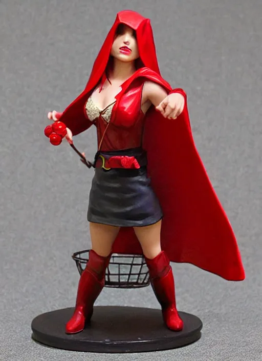 Prompt: Image on the store website, eBay, 80mm Resin figure of a woman as little red hood ,holding a basket under her left arm.