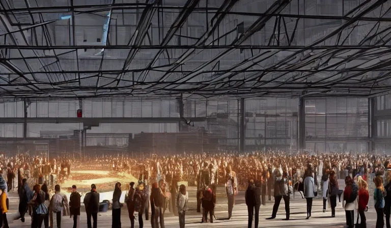 Image similar to large group people in simple warehouse, looking at hologram of futuristic city on a table, cinematic concept art, godrays, golden hour, natural sunlight, 4 k, clear details, tabletop model buildings, center model buildings, hologram center, crane shot, crane shot, crane shot