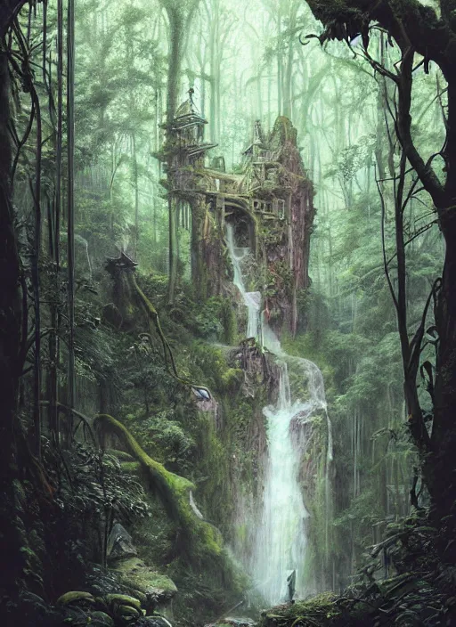 Image similar to a hyper realistic architectural witch shrine under a waterfall in the woods, gorgeous lighting, lush forest foliage, painting by chiara bautista and tom bagshaw, muca beksinski and norman rockwell and greg rutkowski weta studio, and lucasfilm