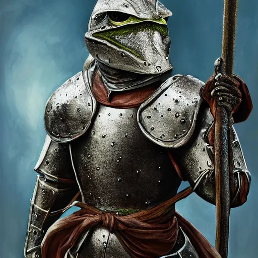 Image similar to frog knight in medieval armor, 8k, highly detailed, full portrait, professional painting,