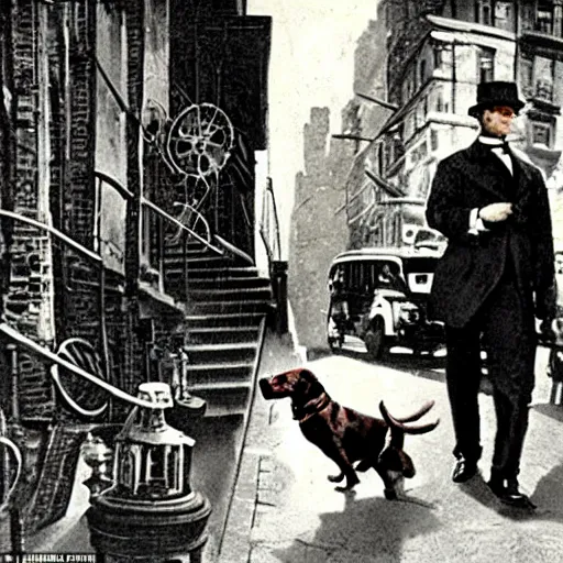 Image similar to a cinematic scene of a steampunk dachsund doing and investigation on a crime scene in 1901 new york streets