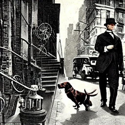 Prompt: a cinematic scene of a steampunk dachsund doing and investigation on a crime scene in 1901 new york streets