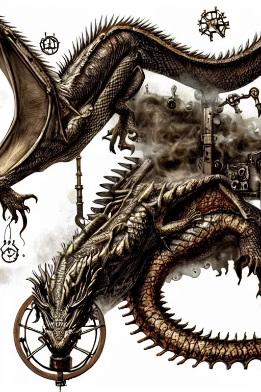 Image similar to hyper realistic old dying dragon lying down with steam punk apparatus on its back, white background, full frame, art byjon foster