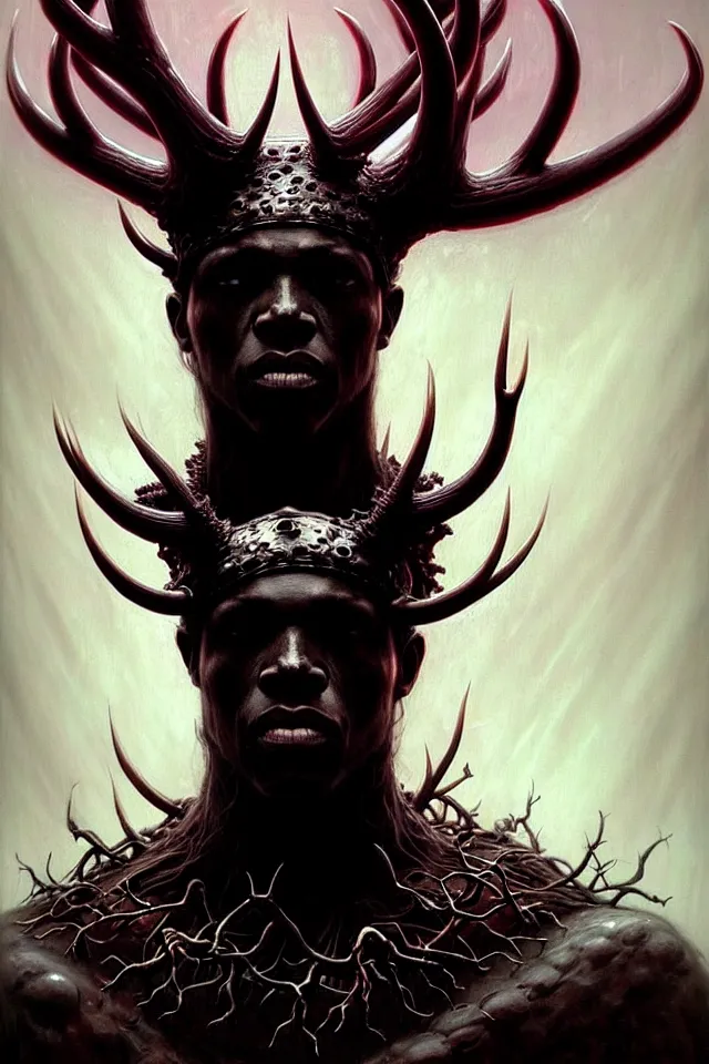 Image similar to a striking portrait of an eldritch black god king with black antlers and a burning horned crown on his head by moebius and ross tran and beksinski, trending on artstation, digital art, 4 k resolution, detailed, high quality, sharp focus, hq artwork, insane detail, volumetric lighting, character concept art, fine details, clear face