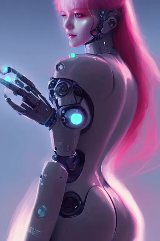 Image similar to pretty futuristic female cyber robot, humanoid, fullbody art, concept art, by charlie bowater, anna dittmann, wlop, rumiko takahashi, akihiko yoshida, hyung - tae kim, alexander mcqueen, trending on artstation