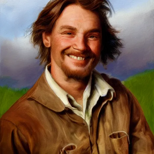 Prompt: A smiling middle-aged farmhand with tousled brown hair, fantasy character portrait