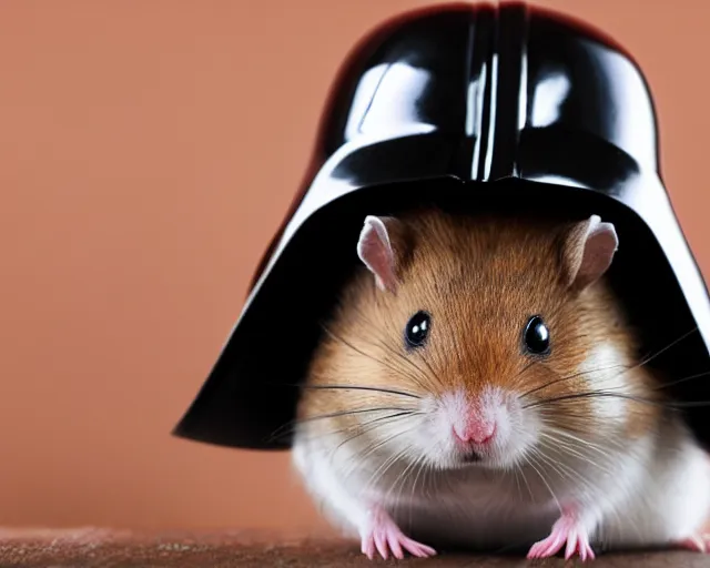 Prompt: photo of a hamster wearing a darth vader helmet