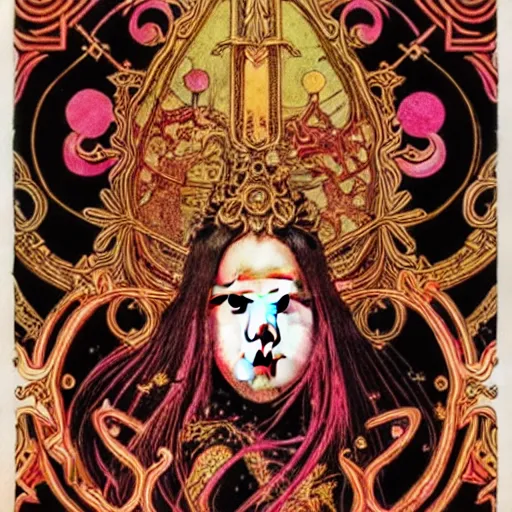 Image similar to jisoo + blackpink + elements + red + gold + neon + baroque + rococo + white + orange + ink + tarot card, ornate + by marc simonetti, paul pope, peter mohrbacher, detailed, intricate ink illustration + damask + award winning + 8 k