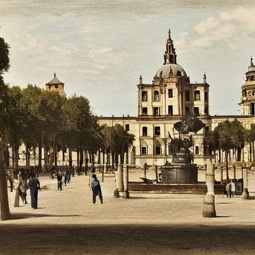 Image similar to el escorial square with the sanctuary of the virgen de gracia, by martin rico y ortega