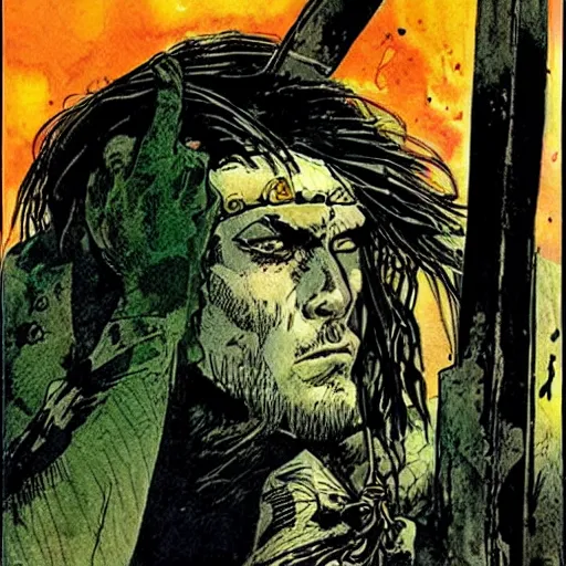 Prompt: a colorful! portrait of a warrior by sergio toppi, award winning masterpiece
