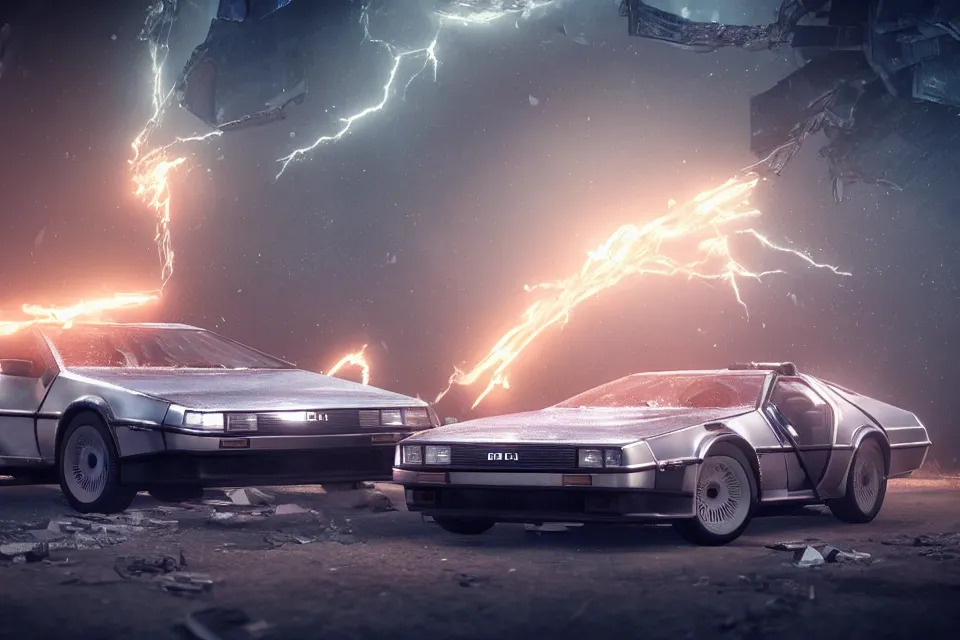 Prompt: ultra realistic delorean dmc 5 drifting on broken highway wreckage floating in space, dark cinematic, volumetric, realistic, 3 d render, realistic render, cinematic lighting, volumetric lighting, atmospheric, cinematic, unreal engine 5, unreal engine render, octane render, hd, photorealism, hyper realistic, 8 k