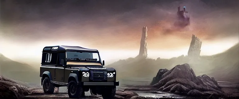 Prompt: Land Rover Defender 110 (1985), an epic fantasy, dramatic lighting, cinematic, establishing shot, extremely high detail, photorealistic, cinematic lighting, artstation, by simon stalenhag, The Elder Scrolls III: Morrowind, the Nerevarine drives across Morrowind, strange flora, strange fauna, Bull Netch floating around, Morrowind fauna prominent across the landscape