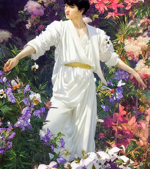 Prompt: harmony of black haired yoongi wearing white greek clothes, smirking, muted colors, colorful flowers, tropical, sunlight filtering through skin, dynamic hair movement, dynamic pose, glowing butterflies, j. c leyendecker, by alan lee, wlop! illustrated by starember, fantasy art by craig mullins
