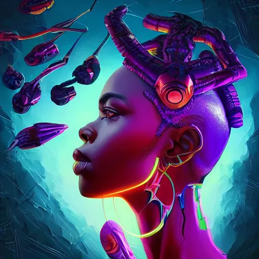Prompt: african neon necromancer, science fiction, highly detailed, digital painting, beautiful eyes, symmetry, concept art, sharp focus, volumetric lighting, illustration, global illumination, radiant light, synthwave colors, detailed and intricate environment, art by artgerm and greg rutkowski and magali villeneuve and ilya kuvshinov!