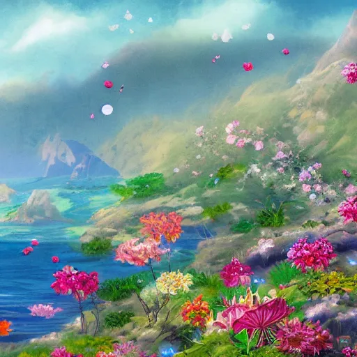 Prompt: A scenic view of flower sea, swords , deaths