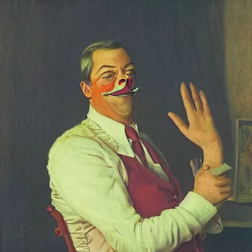 Prompt: nigel farage ukip leader as sad clown, as pained by konstantin andreyevich somov, soft, pastel, afternoon sunset, occult, very high quality